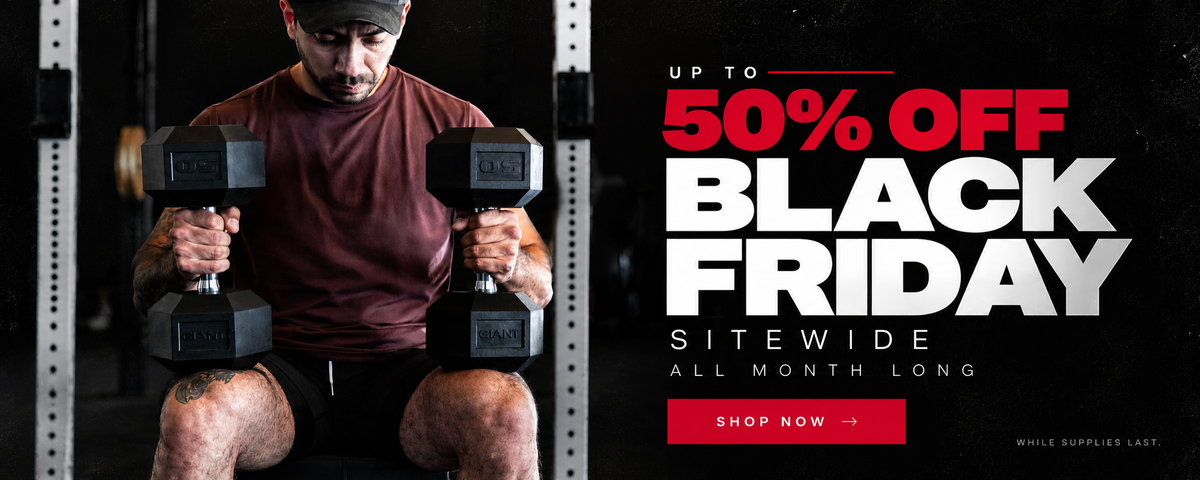 man with dumbbells in each hand with a white. power rack behind him. Up to 50% OFF BLACK FRIDAY SITEWIDE ALL MONTH LONG SHOP NOW WHILE SUPPLIES LAST