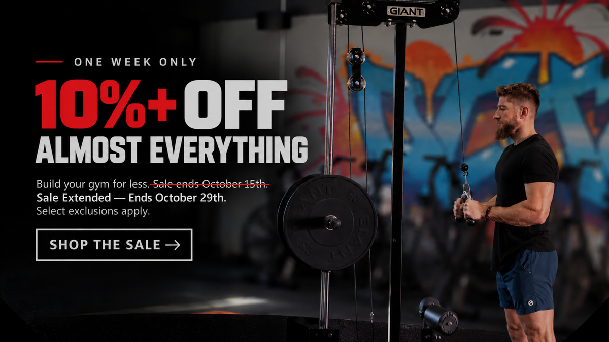 One Week Only 10% off + almost everything.  Build your gym for less.  Sale ended October 15th, but extended to now end October 29th.  Select exclusions apply.  Shop the sale.  Image is man using Standalone Lat and Low Row Machine doing a cable pushdown