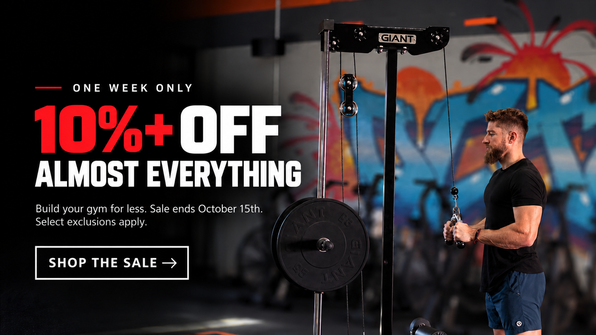 Man using cable machine.  Sale marketing for one week ending October 15th for almost everything 10% off the site. 