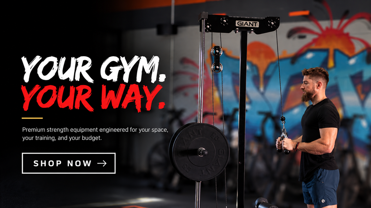 Man using GIANT cable strength equipment in a home gym.